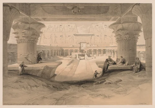 Egypt and Nubia: Volume I - No. 32, View from under the Portico of the Temple of Edfou, Upper Egypt by Louis Haghe, print, 1838