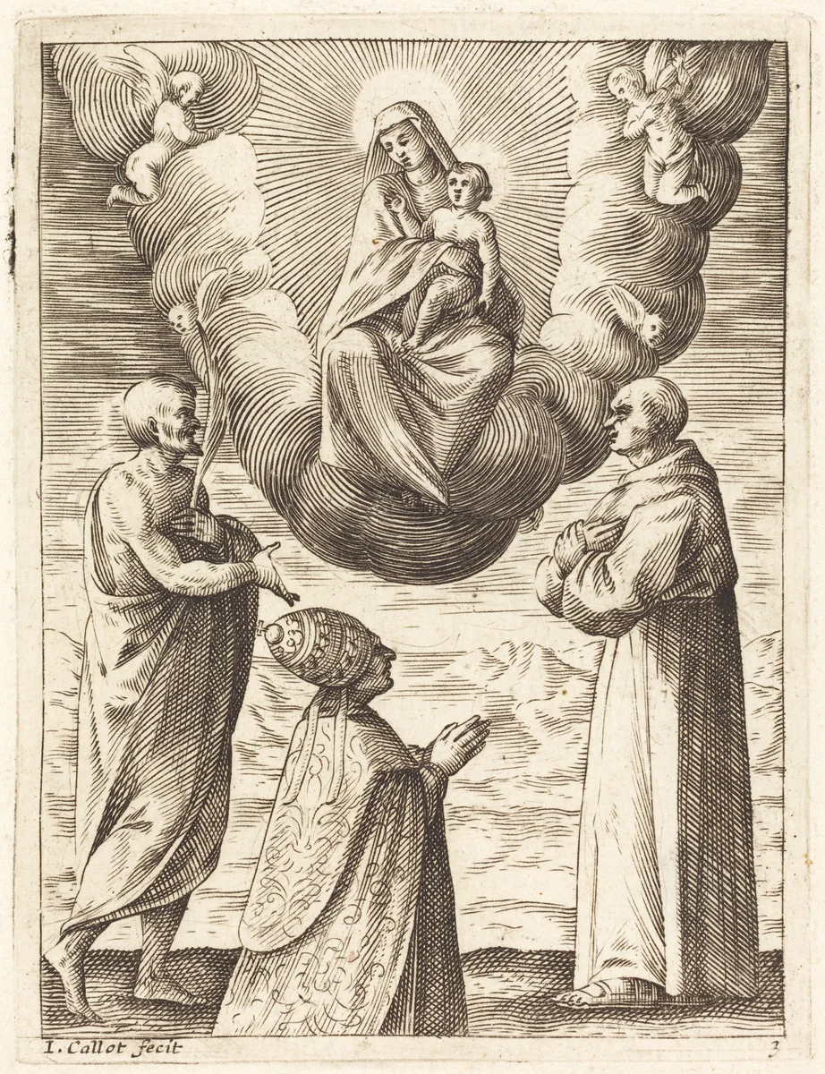 Boniface VIII with Saints Francis and Crispin Adoring the Virgin and Child by Jacques Callot, print, 1608-1611