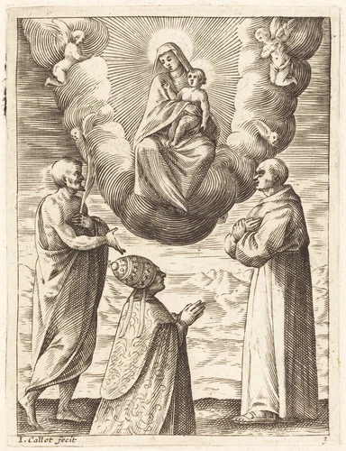 Boniface VIII with Saints Francis and Crispin Adoring the Virgin and Child by Jacques Callot, print, 1608-1611