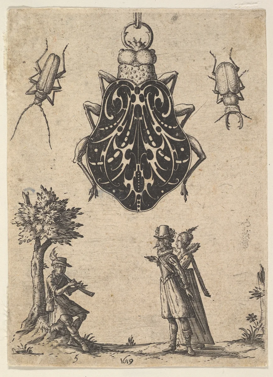 Pendant Shaped like a Beetle with a Couple and a Young Man Playing an Instrument by Jean Toutin, print, 1590-1644