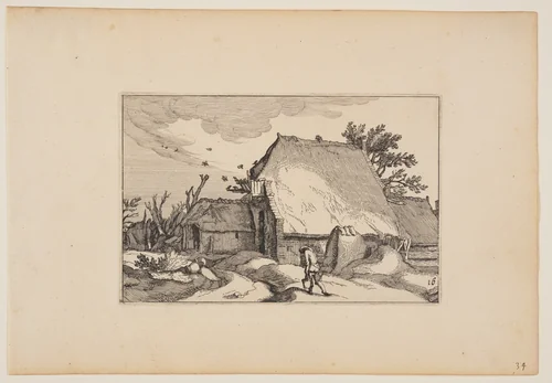 A Farm, Man with Two Buckets on Path in Front, from Landscapes (Verscheyden aerdige Lanthuysen...) by Claes Jansz Visscher, print, 1620