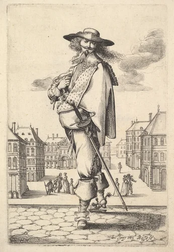A gentleman, turned three-quarters to the left, wearing a hat and boots with spurs, carrying a sword in his belt, a town square in the background, from "The Garden of the French Nobles In Which One Can Pick Up Their Way of Dressing" by Abraham Bosse, print, 1629
