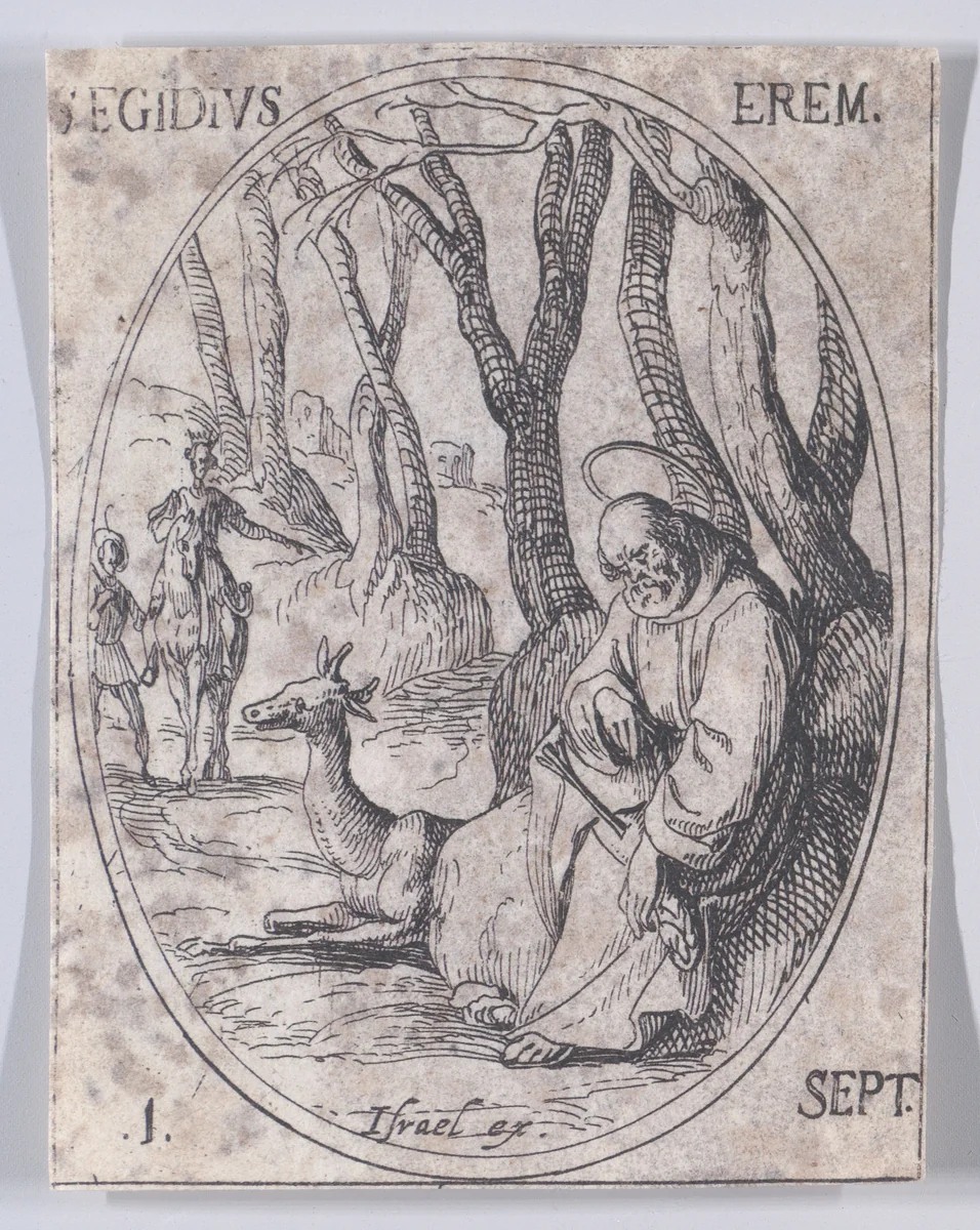 S. Gilles, ermite (St. Giles, Hermit), September 1st, from "Les Images De Tous Les Saincts et Saintes de L'Année" (Images of All of the Saints and Religious Events of the Year) by Jacques Callot, print, 1636