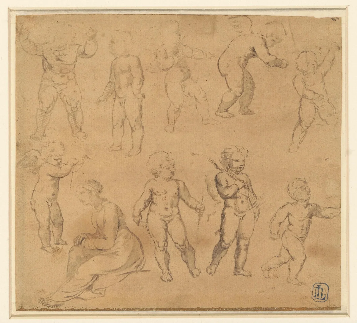 Negen studies van putti en een naar links zittende vrouw by anonymous, drawing, 1600-1699