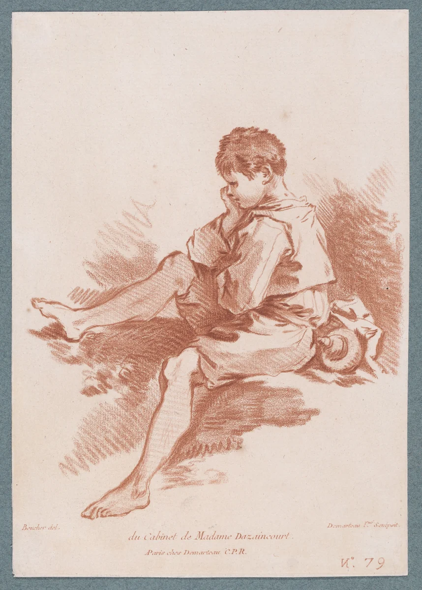 Young peasant boy seated facing left by Gilles Demarteau, print, 1737-1776