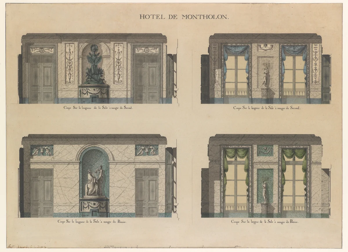 Longitudinal and Cross Sections of the Dining Rooms of the Hôtel de Montholon by Jean Jacques Lequeu, drawing, 1785-1786