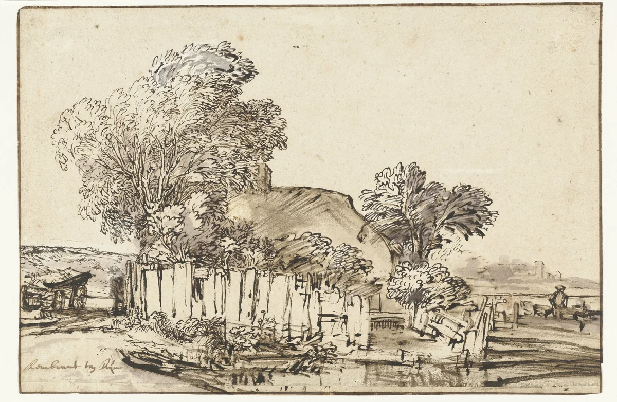 Cottage with White Paling among Trees by Rembrandt van Rijn, drawing, 1648