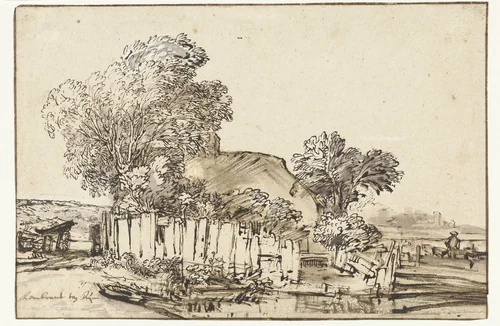 Cottage with White Paling among Trees by Rembrandt van Rijn, drawing, 1648