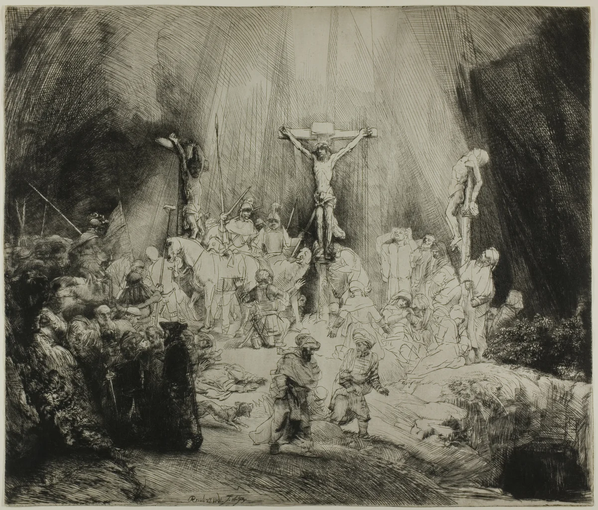 Christ Crucified between the Two Thieves: "The Three Crosses" by Rembrandt van Rijn, print, 1653