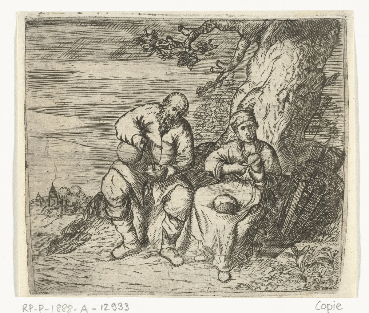 Een man en een vrouw zitten te eten onder een boom by anonymous, print, 1650-1700