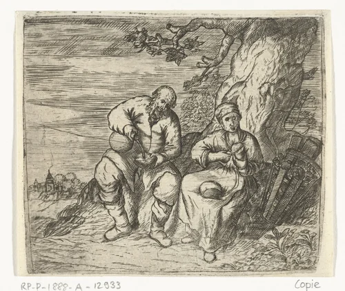 Een man en een vrouw zitten te eten onder een boom by anonymous, print, 1650-1700