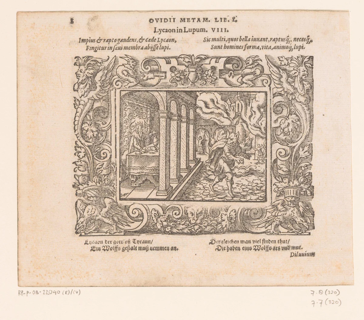 Jupiter verandert koning Lycaon in een wolf by Unknown, print, 1569