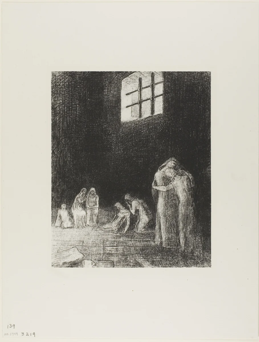 In the Shadow Are People, Weeping and Praying, Surrounded by Others Who Are Exhorting Them, plate 6 of 24 by Odilon Redon, print, 1896