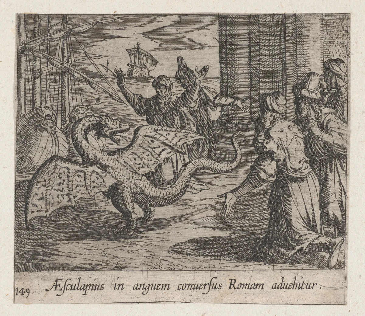 Plate 149: Aesculapius as a Serpent, Among the Romans (AEsculapius in anguem conversus Roman advehitur), from Ovid's "Metamorphoses" by Antonio Tempesta, print, 1606