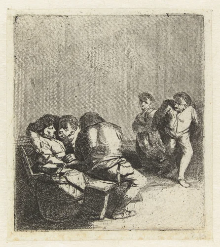 Dansende man en vrouw en twee zittende mannen en vrouw by Cornelis Pietersz. Bega, print, 1642-1664
