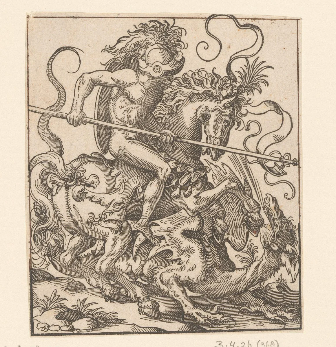Naakte ruiter in gevecht met een draak by anonymous, print, 1580