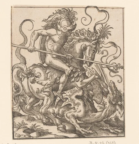 Naakte ruiter in gevecht met een draak by anonymous, print, 1580