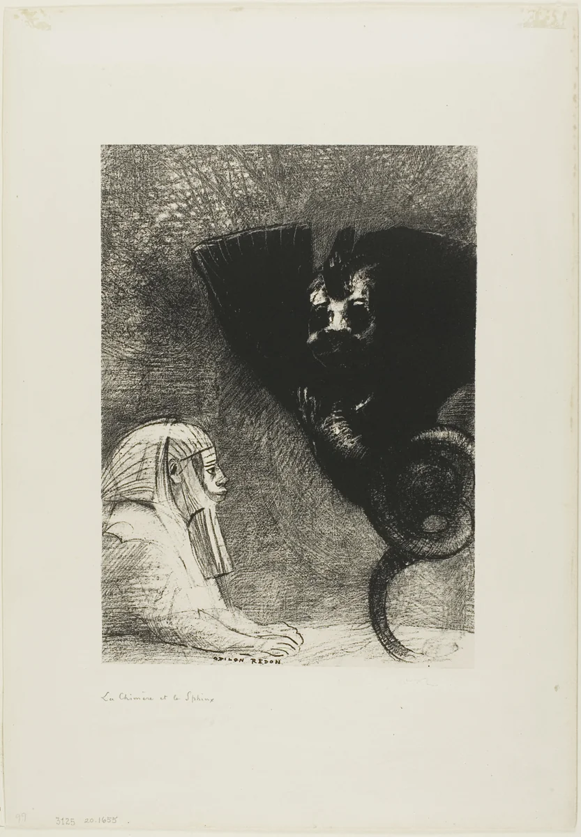 The Sphinx: "...my gaze that nothing can deflect, passing through objects, remains fixed on an inaccessible horizon." The Chimera: "As for me, I am light and joyful," plate 5 from To Gustave Flaubert by Odilon Redon, print, 1889