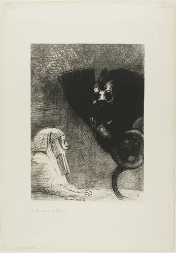 The Sphinx: "...my gaze that nothing can deflect, passing through objects, remains fixed on an inaccessible horizon." The Chimera: "As for me, I am light and joyful," plate 5 from To Gustave Flaubert by Odilon Redon, print, 1889
