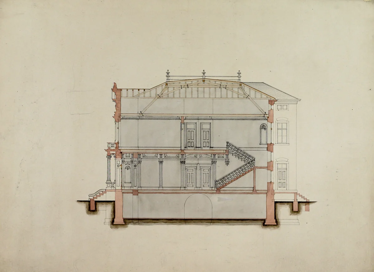 Design Studies, Section Through House, Presentation by Carl Furst, drawing, 1860-1870