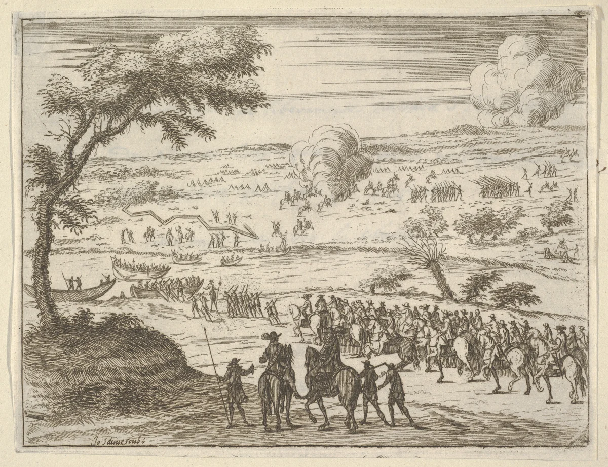 Francesco I d'Este Freely Crosses the Po and Takes Up his Sword Against Troops in the Vinyard of the Opposite Bank where the Spanish had Settled to Impede his Crossing, from "L'Idea di un Principe ed Eroe Cristiano in Francesco I d'Este, di Modena e Reggio Duca VIII [...]" by Bartolomeo Fenice, print, 1659