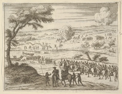 Francesco I d'Este Freely Crosses the Po and Takes Up his Sword Against Troops in the Vinyard of the Opposite Bank where the Spanish had Settled to Impede his Crossing, from "L'Idea di un Principe ed Eroe Cristiano in Francesco I d'Este, di Modena e Reggio Duca VIII [...]" by Bartolomeo Fenice, print, 1659