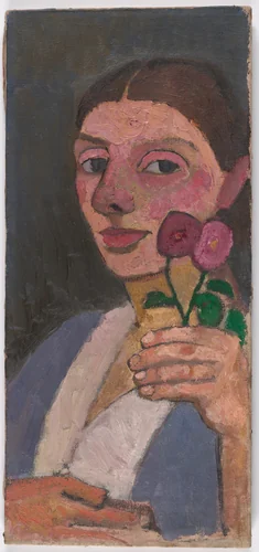 Self-Portrait with Two Flowers in Her Raised Left Hand by Paula Modersohn-Becker, painting, 1907