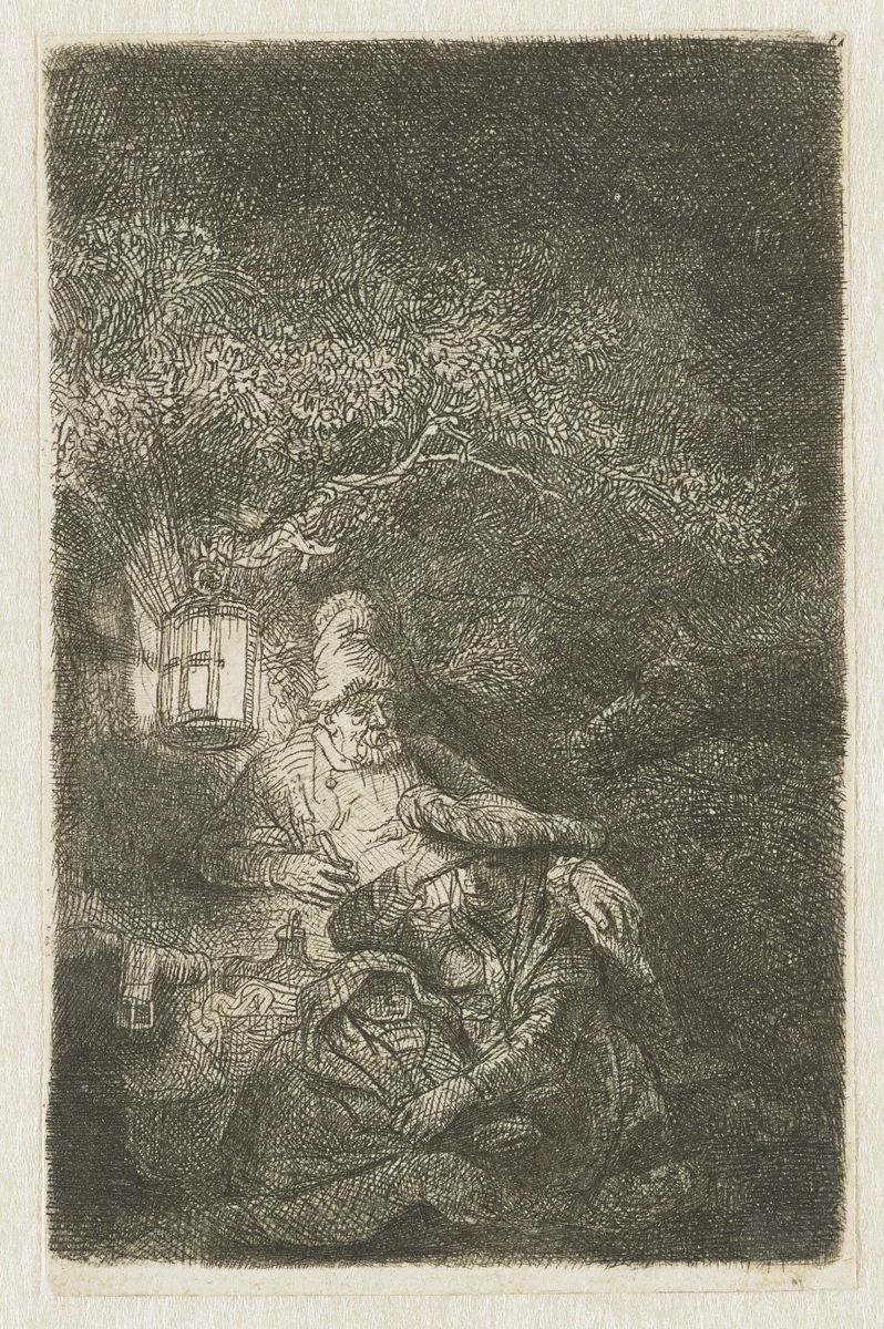 The rest on the flight into Egypt: a night piece by Rembrandt van Rijn, print, 1644