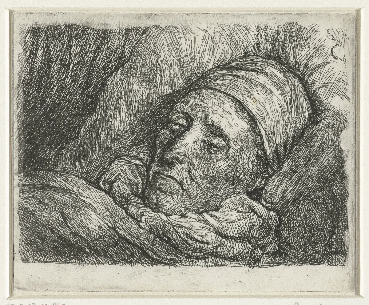 Hoofd van een oude man liggend in bed by anonymous, print, 1630-1700