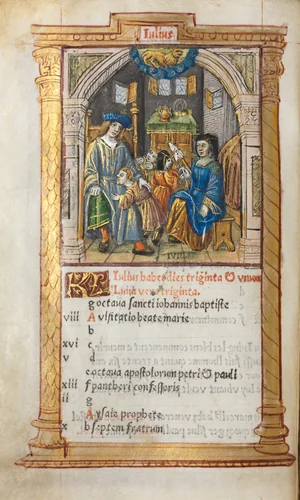 Printed Book of Hours (Use of Rome): fol. 8v, July calendar illustration by Guillaume Le Rouge, book, 1510