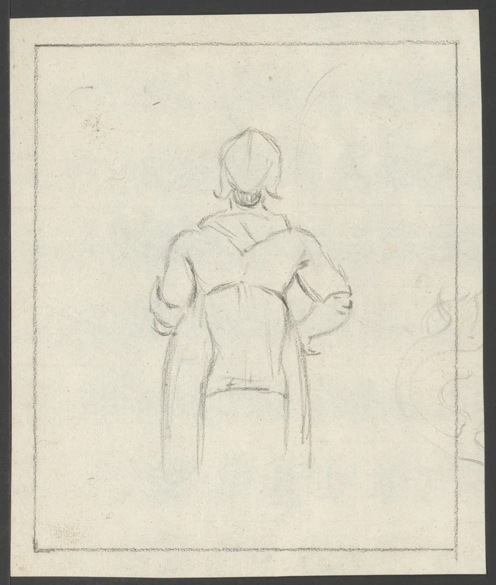 Staande vrouw in klederdracht, van achter gezien by anonymous, drawing, 1800-1899