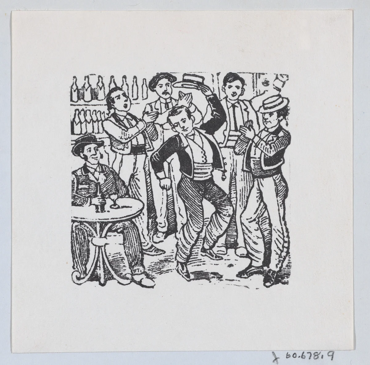 A man dancing in the middle of a crowd and taking off his hat by José Guadalupe Posada, print, 1875-1885