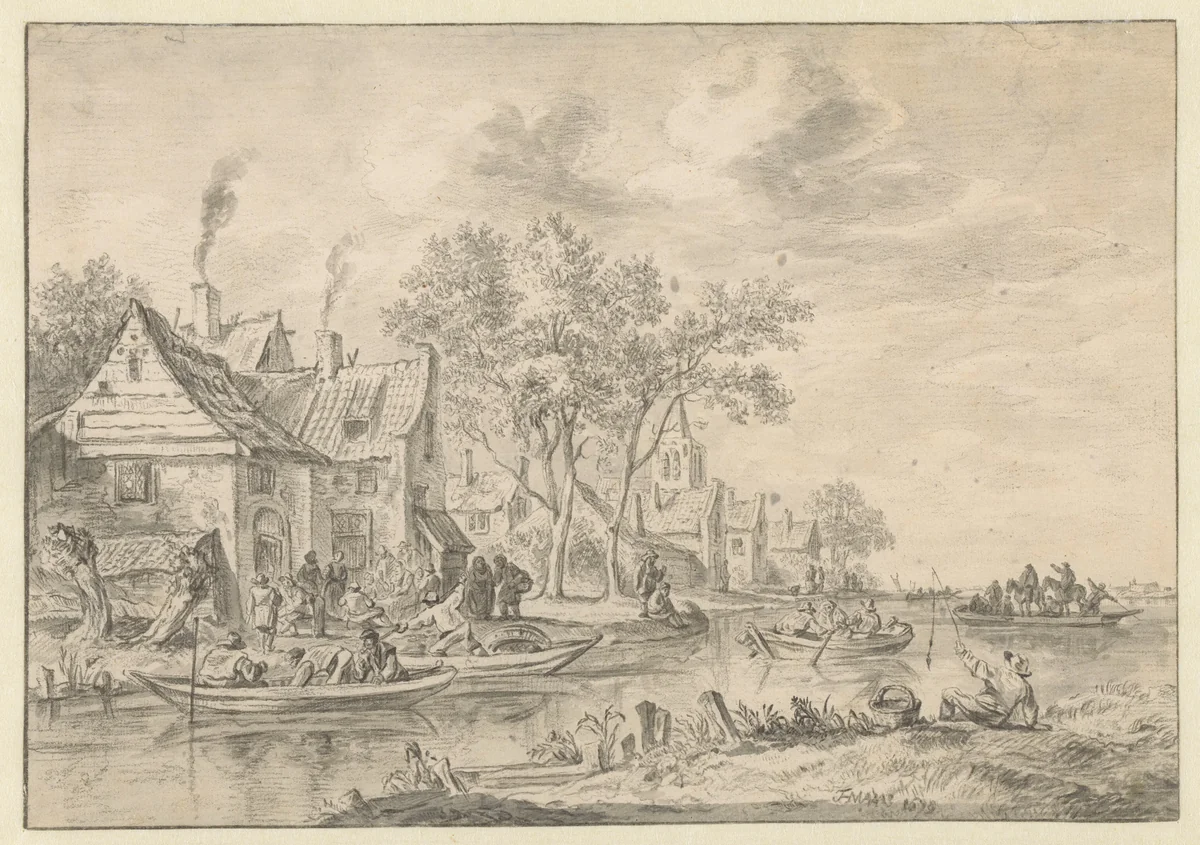 Dorp aan een rivier gelegen by Thomas Heeremans, drawing, 1679