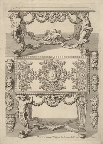 Table Designs, from 'Nouveaux Liure d'Orfevrerie' by Daniel Marot, print, 1701-1703