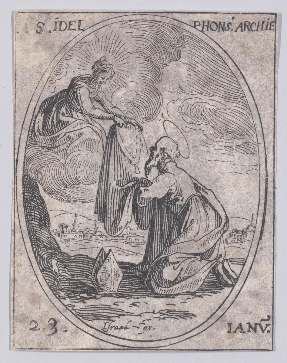 S. Ildelfonse, archevêque (St. Ildefonsus, Archbishop), January 23rd, from "Les Images De Tous Les Saincts et Saintes de L'Année" (Images of All of the Saints and Feast Days of the Year) by Jacques Callot, print, 1636