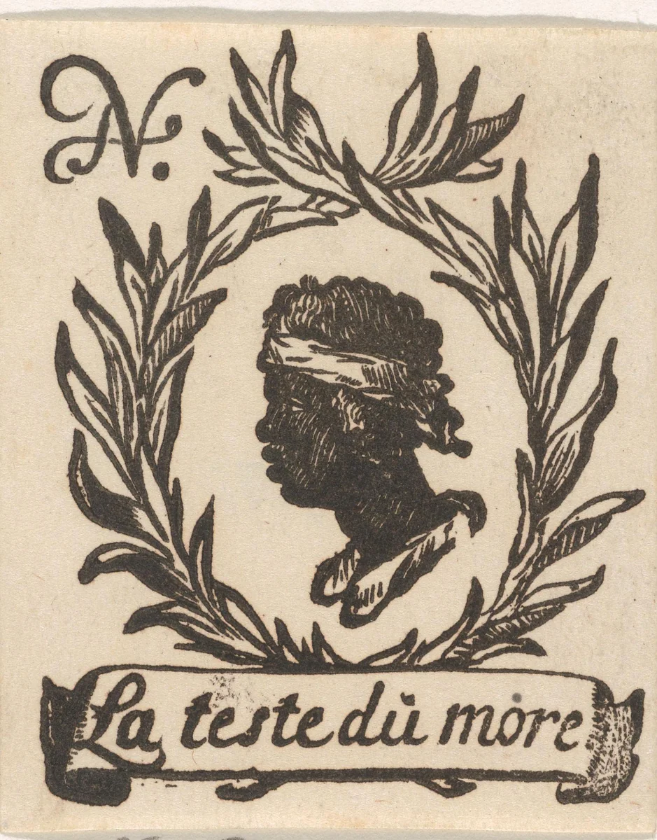 Handelsetiket met hoofd van een zwarte man in een lauwerkrans by Isaac Vincentsz. van der Vinne, print, 1681-1740