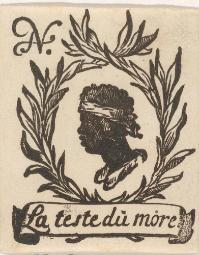 Handelsetiket met hoofd van een zwarte man in een lauwerkrans by Isaac Vincentsz. van der Vinne, print, 1681-1740