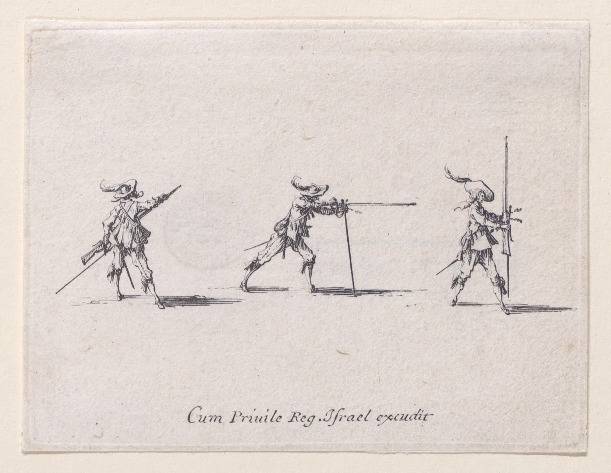 L'Exercice de L'Arquebuse: La Preparation au Tir (Drill of the Arquebus: Preparing to Shoot), from "Les Exercices Militaires" (The Military Exercises) by Jacques Callot, print, 1635