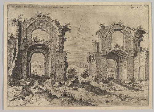 Second View of the Baths of Diocletian, from set of Roman Ruins by Hieronymus Cock, print, 1550