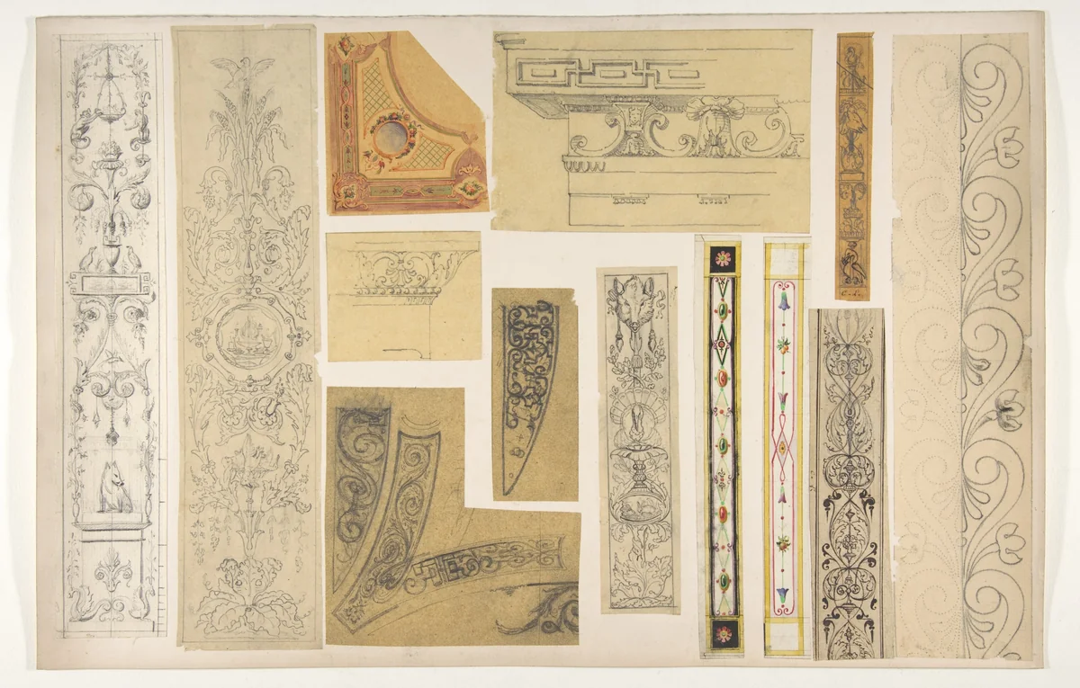 Thirteen designs for the painted decoration of interiors by Jules-Edmond-Charles Lachaise, drawing, 1830-1897