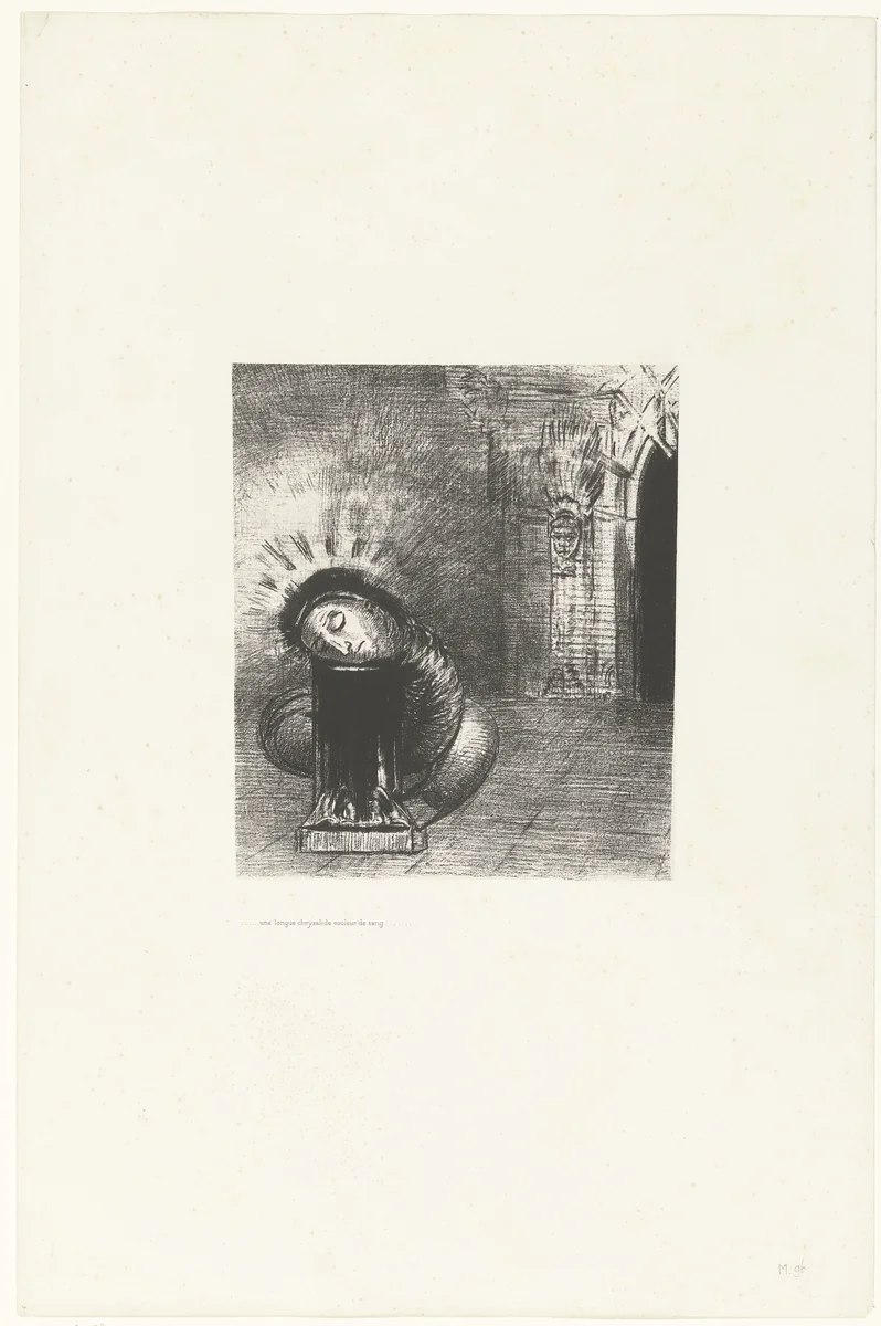 Een lange pop de kleur van bloed by Odilon Redon, print, 1889
