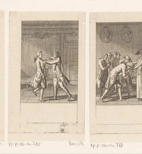 Ferdinand bedreigt Kalb met een pistool by Daniel Nikolaus Chodowiecki, print, 1785