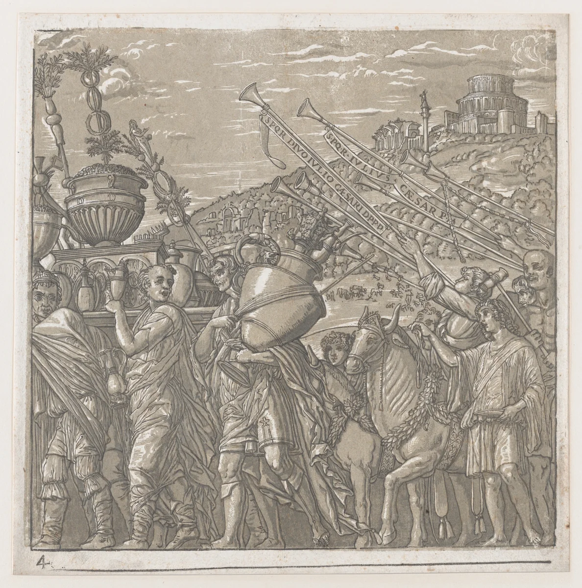 Sheet 4: Men carrying trophies at left, trumpeters at right, from "The Triumph of Julius Caesar" by Andrea Andreani, print, 1599