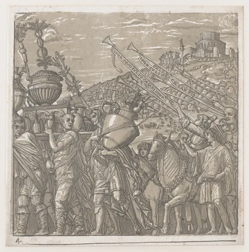 Sheet 4: Men carrying trophies at left, trumpeters at right, from "The Triumph of Julius Caesar" by Andrea Andreani, print, 1599