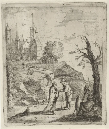 Landschap met waarzegster by anonymous, print, 1700-1799