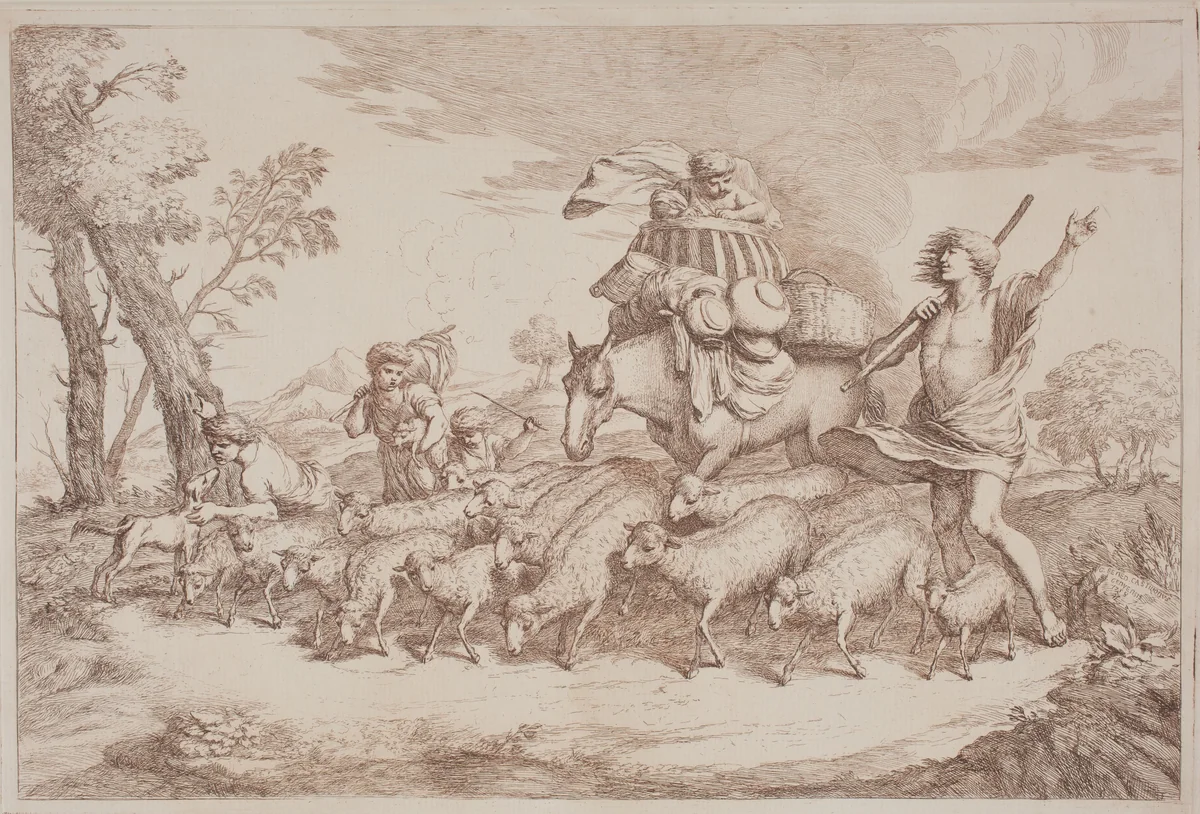 A Pastoral Journey with a Child in a Basket on Horseback by Gaetano Zompini, Giovanni Benedetto Castiglione, portfolio, 1700-1778