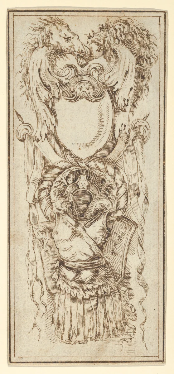 Ornament with Armor and Horses' Heads by Stefano della Bella, drawing, 1610-1664