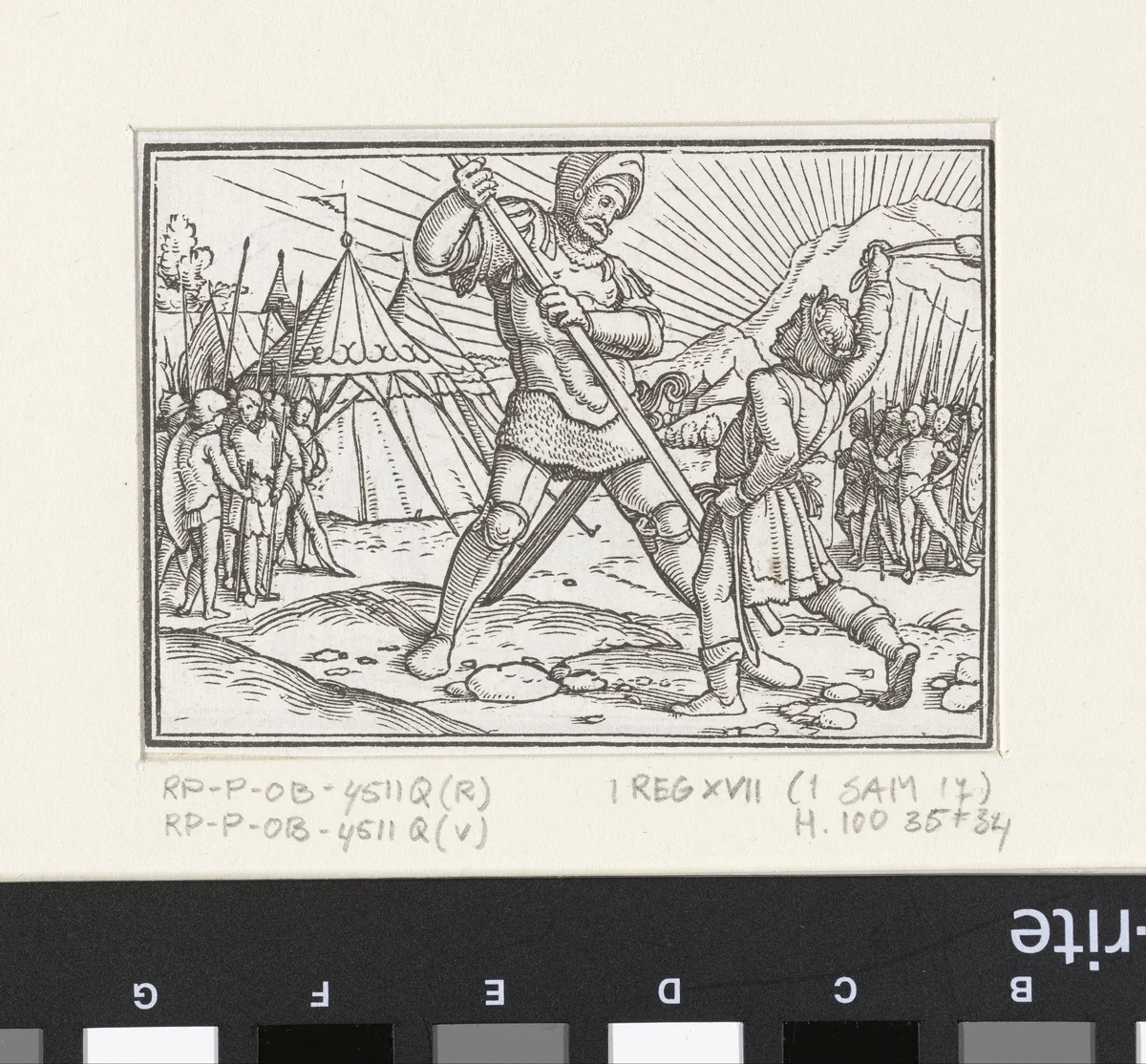 David verslaat Goliath by Hans Holbein, print, 1538