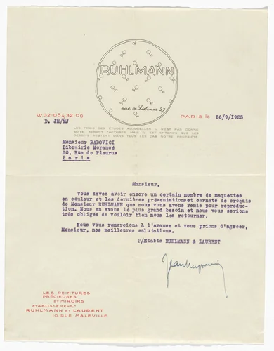 Emile-Jacques Ruhlmann letterhead (Letter to Jean Badovici) by Emile-Jacques Ruhlmann, design, 1923