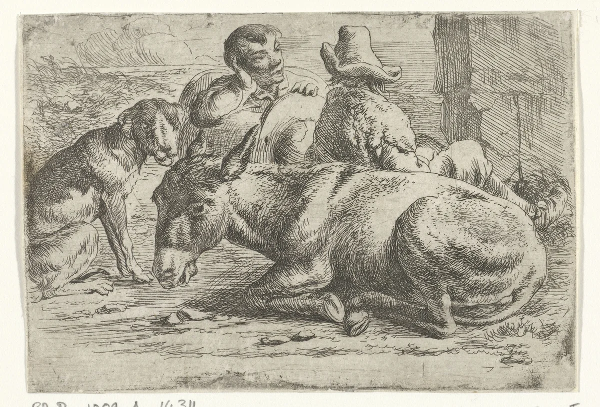 Twee rustende ezeldrijvers by Jan van Ossenbeeck, print, 1647-1674